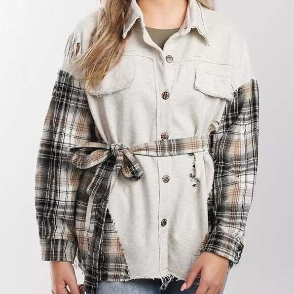 Miss Me Large Distressed Flannel Jacket/Shacket Oatmeal S MJ0207L - Picture 13 of 13